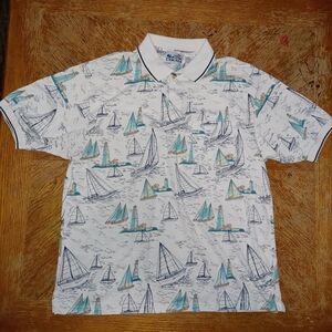 Vintage Sun Casuals Golf Polo Shirt Fishing Boat Sailboat Nautical Size XLarge.